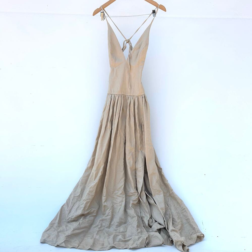 Tularosa Saylor Maxi Dress Linen Cappuccino Beige Tan XS Backless Drop Waist - Picture 4 of 13
